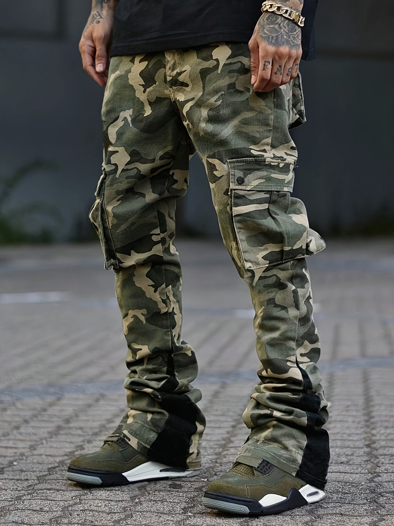 Men's Casual Camo Cargo Pants Polyester 100% Loose Fit All-Season Utility Trousers with Color Block Details Non-Stretch Woven Fabric