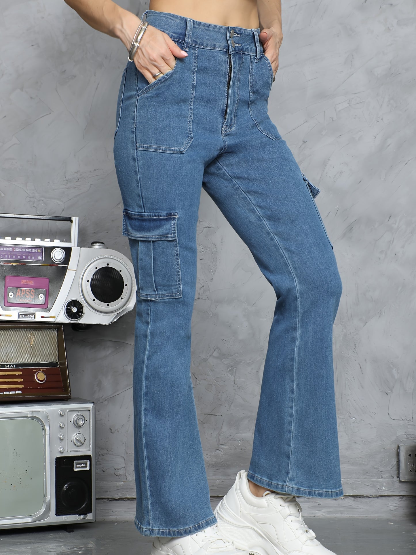 Women's High-Waisted Cowboy Jeans, Long Length, Stretch Cotton Blend, Relaxed Fit, Zipper Fly, Casual Outwear