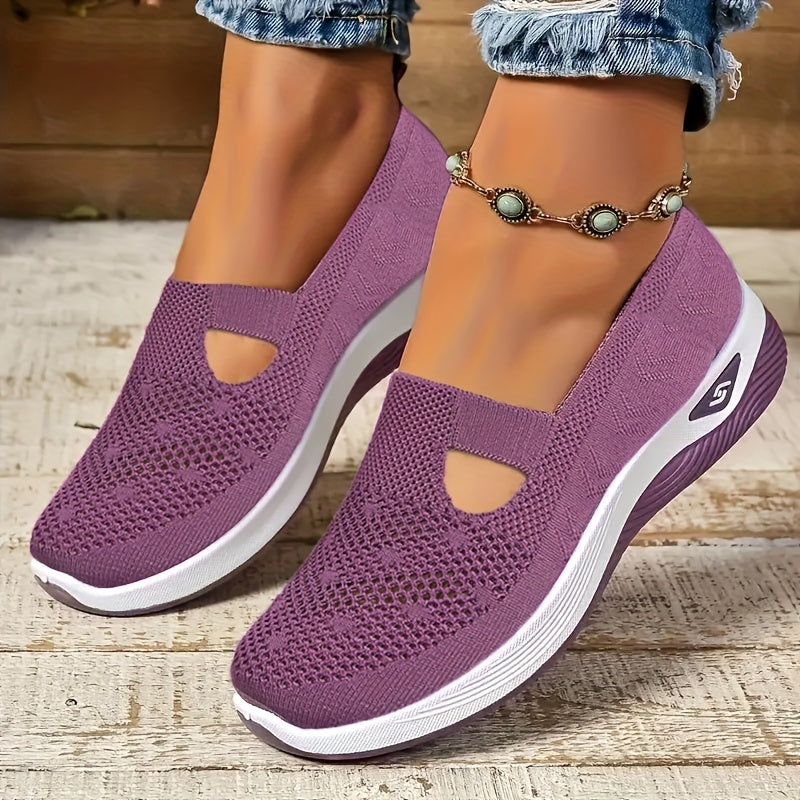 Womens Lightweight Knit Cut-out Sneakers - Ultra-Casual, Exceptionally Breathable Sports sole, Easy Slip-On Shoes with Super Lightweight Construction and Flat Heel for Comfort - Perfect for Outdoor Walking and Casual Strolls