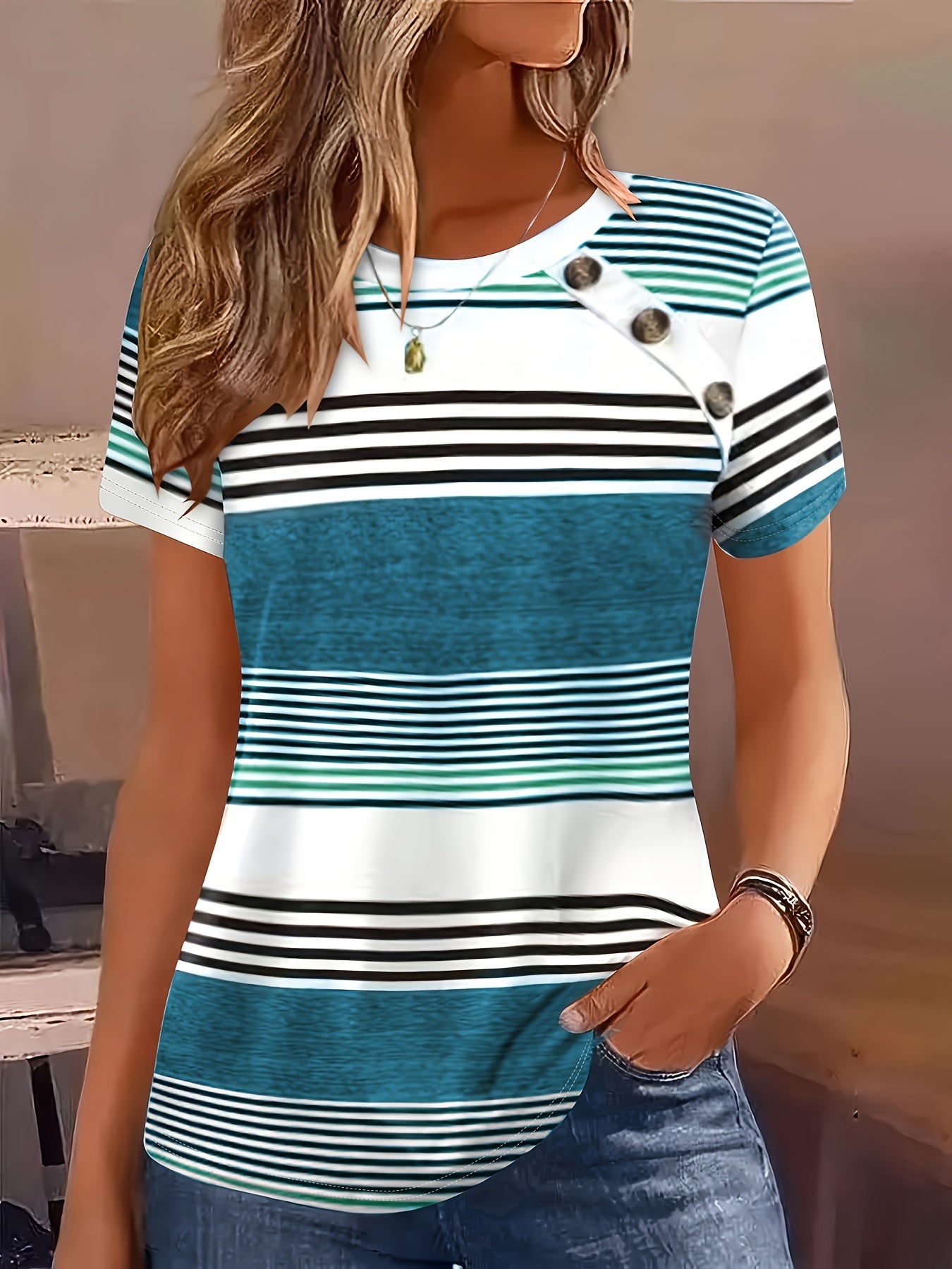 Striped Print Short Sleeve T-shirt, Casual Button Front Crew Neck Top For Spring & Summer, Women's Clothing