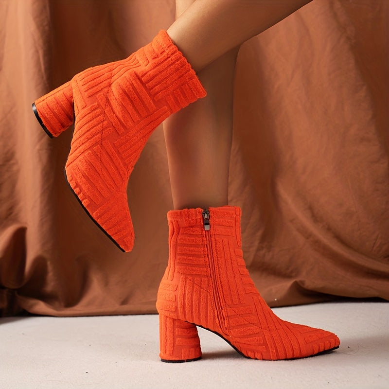 Women's Solid Color Chunky Heel Boots, Fashion Point Toe Side Zipper Boots, Comfortable Ankle Boots for Koningsdag/King's Day