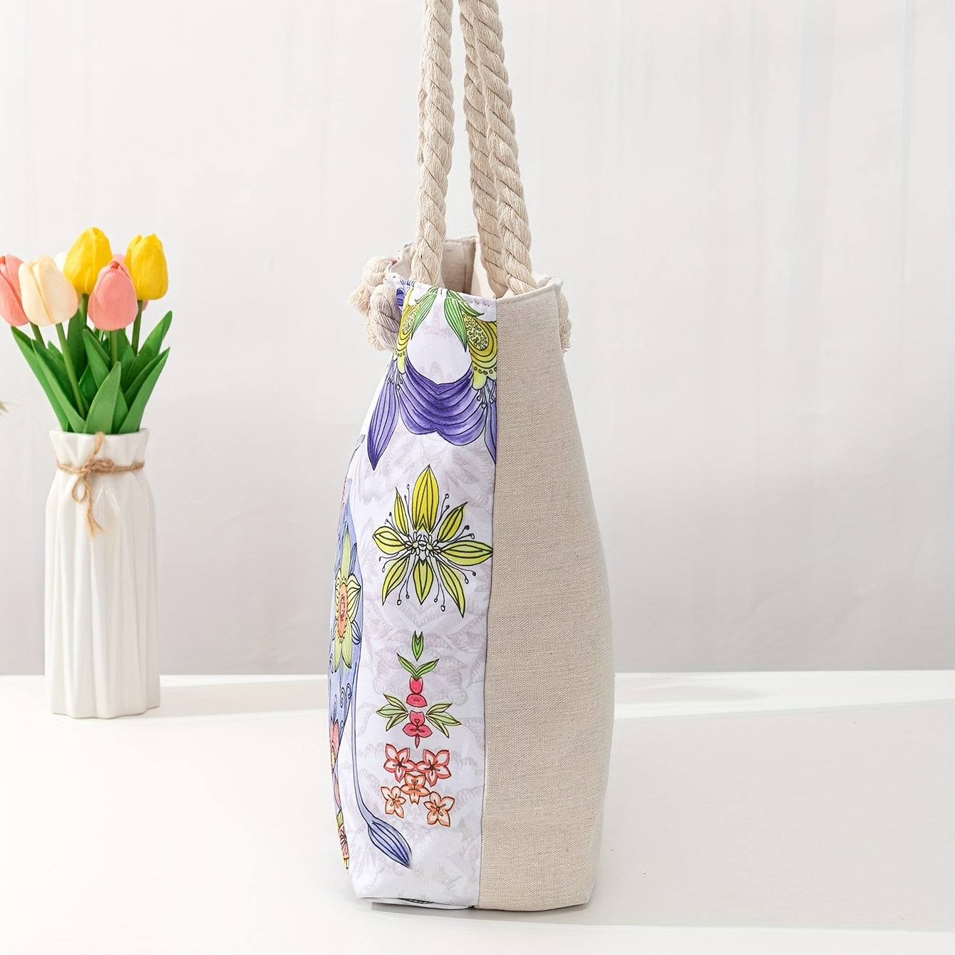 Ethnic Style Large Capacity Canvas Tote Bag with Flower & Elephant Print - Perfect for Everyday Use!