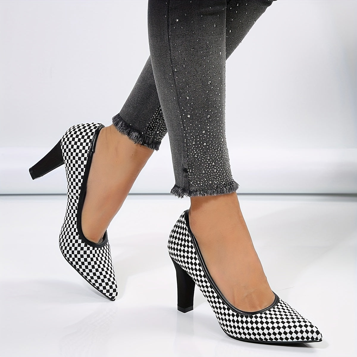 Women's Plaid Pattern Block Heels, Elegant Point Toe Dress Pumps, Fashion Slip On Heels