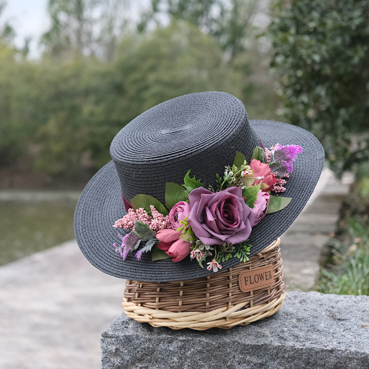 Handmade Flower Straw Hat Solid Color Elegant Beach Sunscreen Hat Small Top Hats Easter For Women