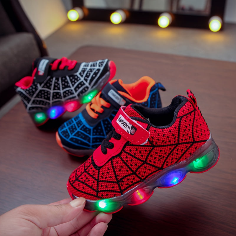 Casual Cool Spider Net Woven Shoes With LED Light For Boys, Breathable Non-slip Sneakers For Walking Running Training