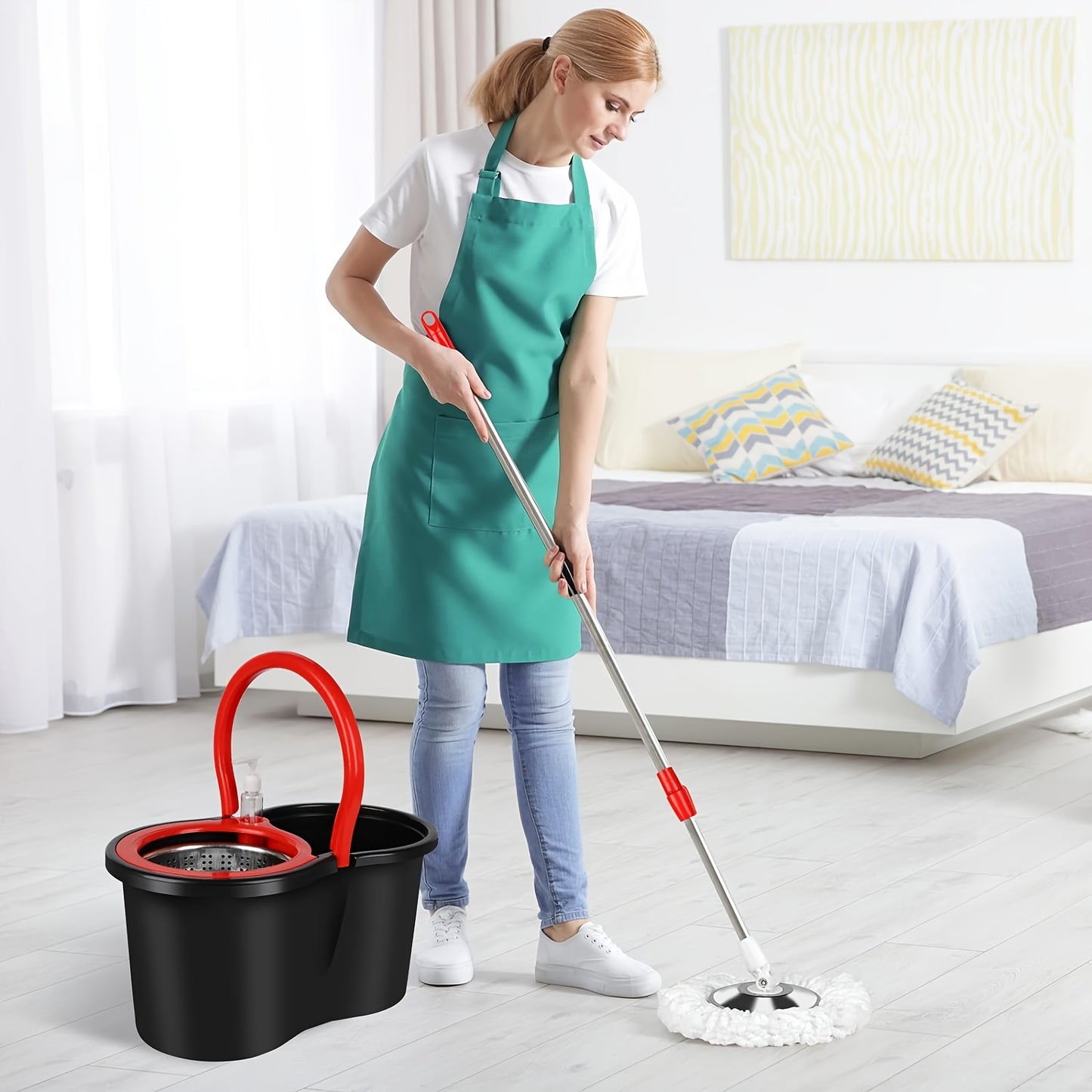 Spin Mop And Bucket With Wringer Set, Bathroom Mop Bucket, School Bathroom, 360° Spinning Mop Bucket System With 3 Microfiber Mop Replacement Heads And 61" Stainless Steel Adjustable Handle  Bucket Floor Cleaning System