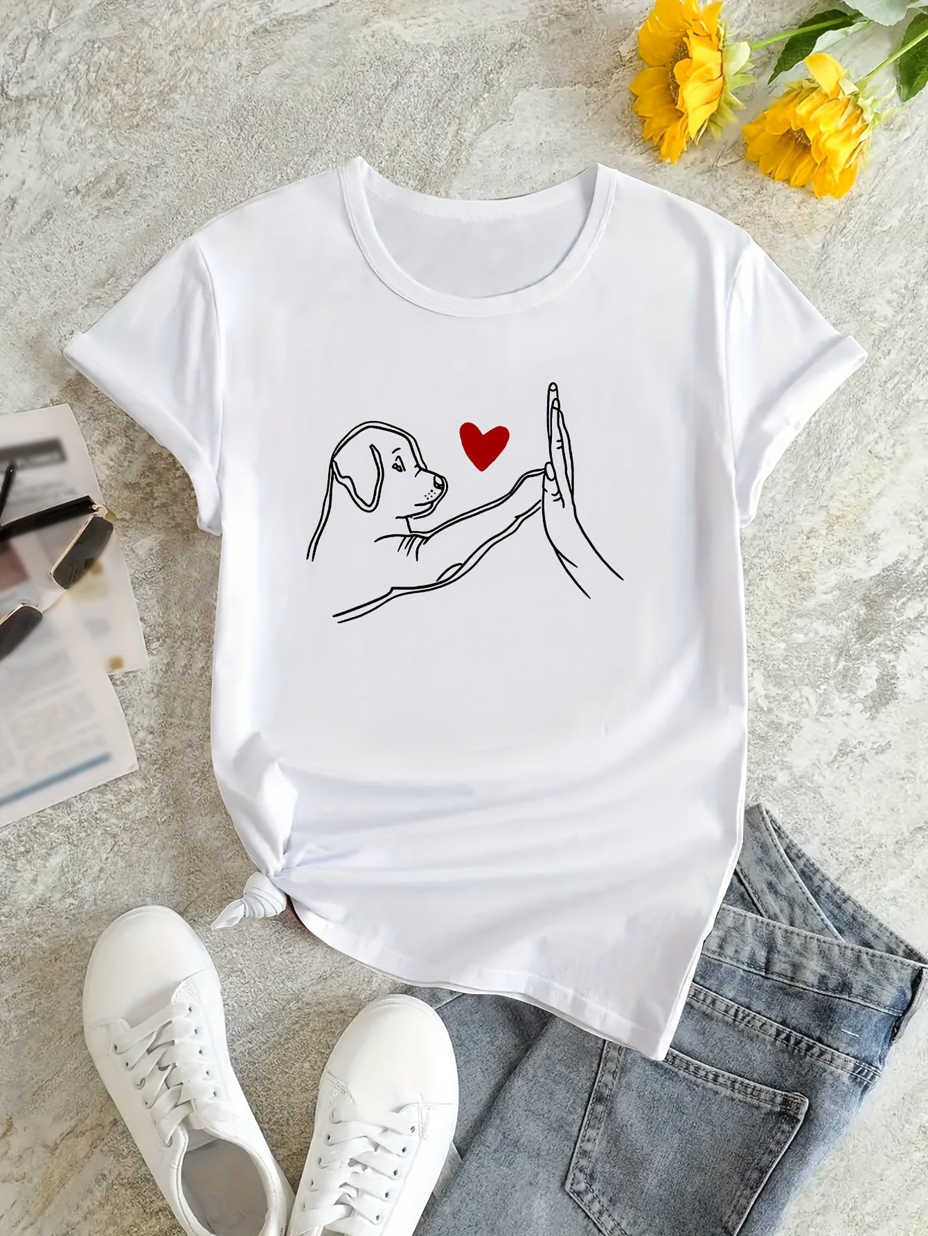 Cute Dog Print T-shirt, Short Sleeve Crew Neck Casual Top For Summer & Spring, Women's Clothing