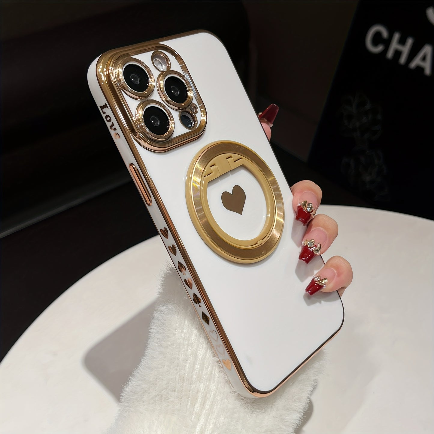 Electroplated Heart-shaped Solid Color Stand For Phone Case Suitable For IPhone 15Promax/15/15Pro/15plus/14Promax/14Pro/14/14plus/13Promax/13Pro/13/12Promax/12Pro/12 Protective Case