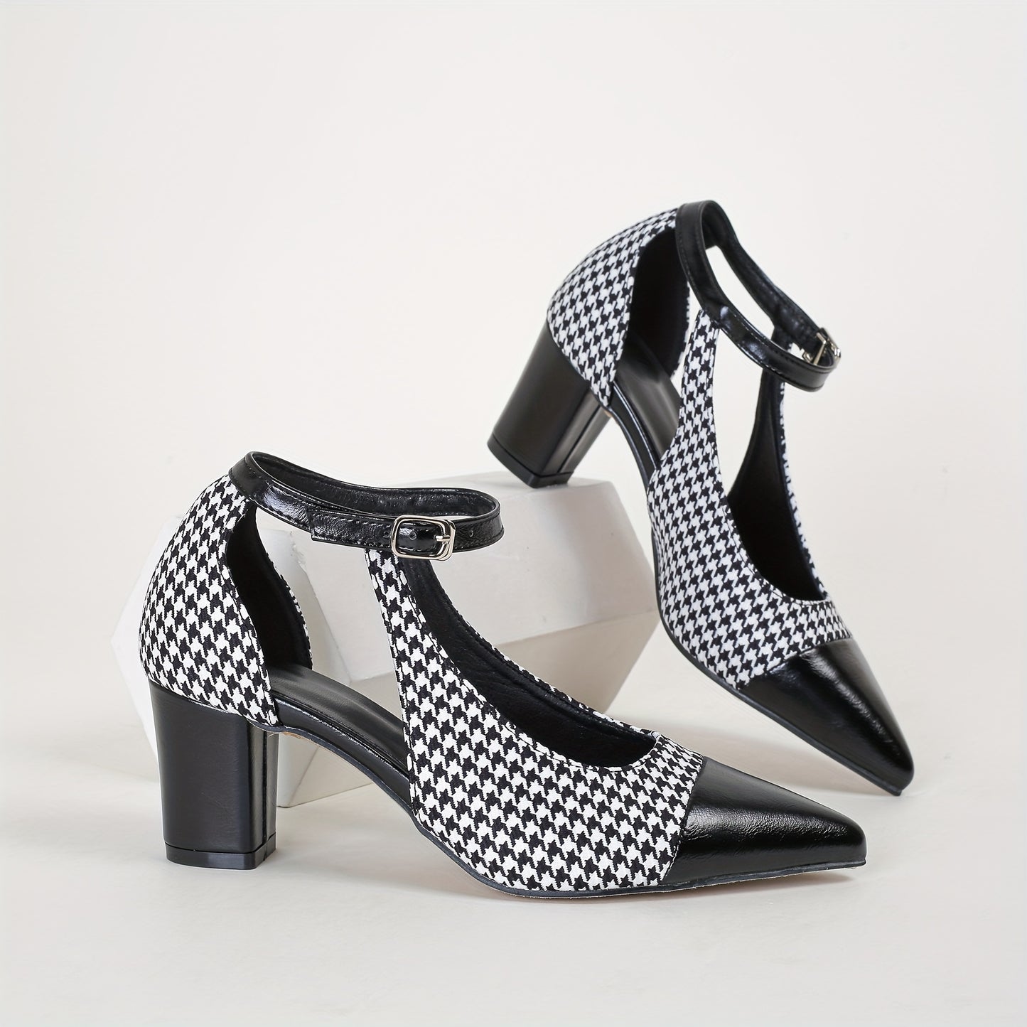 Women's Houndstooth Pattern Shoes, Ankle Buckle Strap Chunky Heel Soft Sole Shoes, Elegant Point Toe Dress Shoes