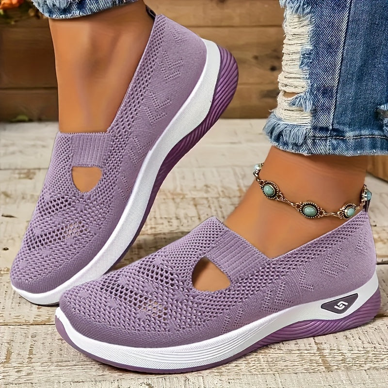 Womens Lightweight Knit Cut-out Sneakers - Ultra-Casual, Exceptionally Breathable Sports sole, Easy Slip-On Shoes with Super Lightweight Construction and Flat Heel for Comfort - Perfect for Outdoor Walking and Casual Strolls