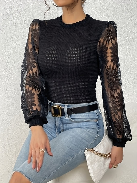 Flower Pattern Mesh Stitching Waffle T-Shirt, Casual Long Sleeve Top For Spring & Fall, Women's Clothing