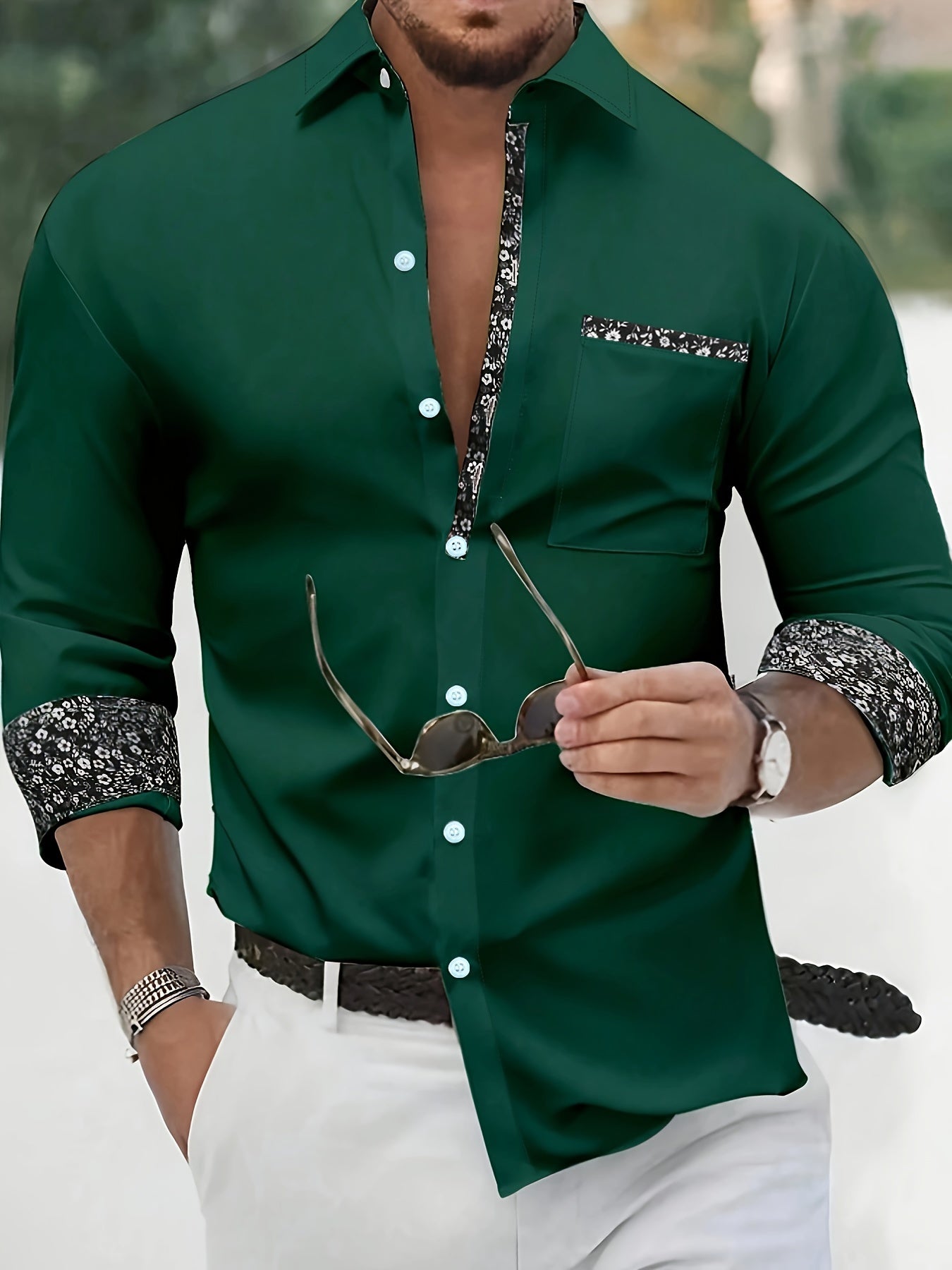 Men's Floral Patchwork Lapel Collar Design Casual Shirts, Long Sleeve Casual Button Up Shirt For Daily Wear