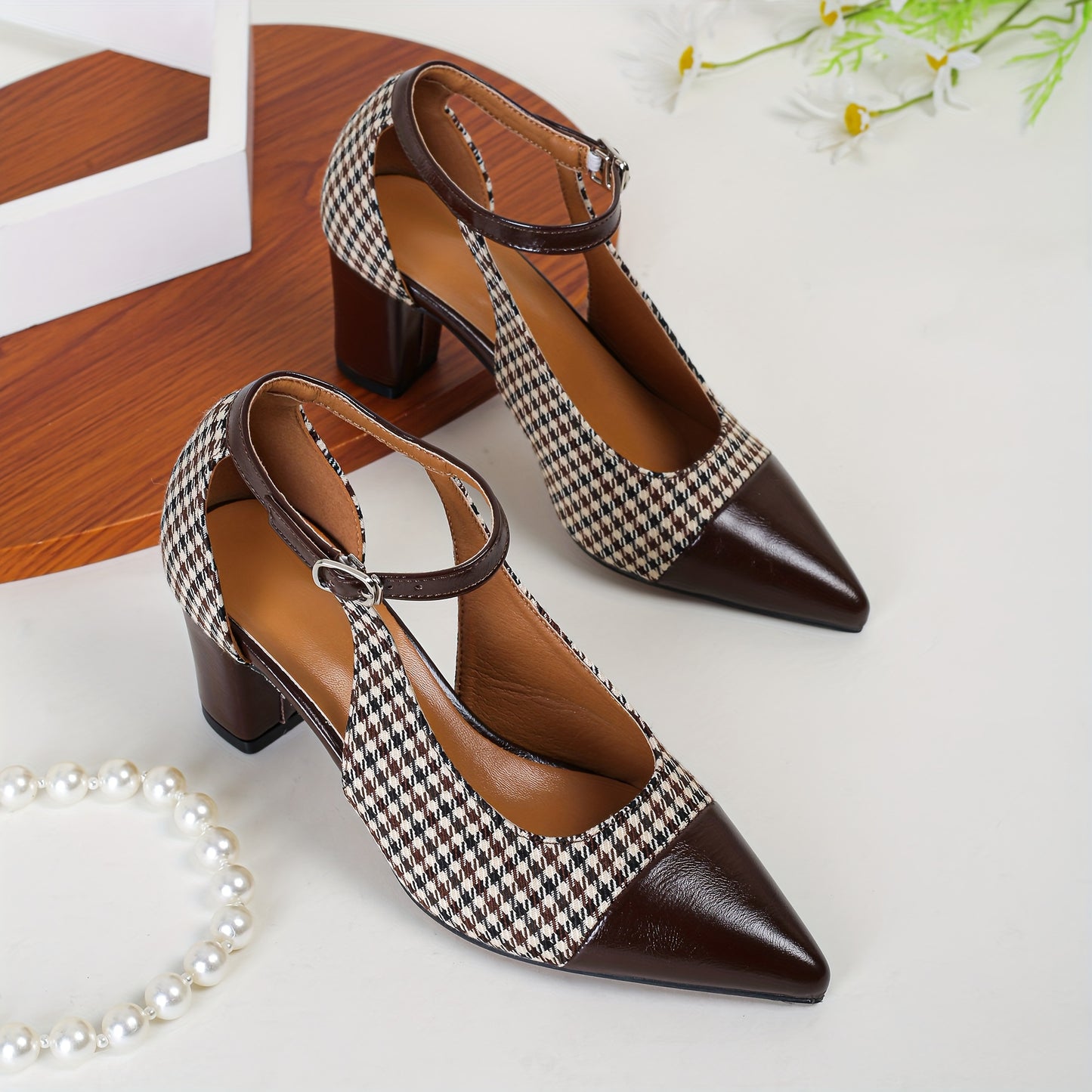 Women's Houndstooth Pattern Shoes, Ankle Buckle Strap Chunky Heel Soft Sole Shoes, Elegant Point Toe Dress Shoes