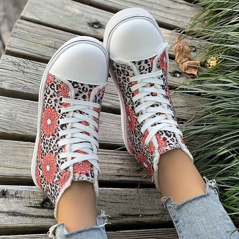 Women's High Top Canvas Sneakers, Floral & Leopard Print Lace Up Skate Shoes, Casual Flat Walking Shoes