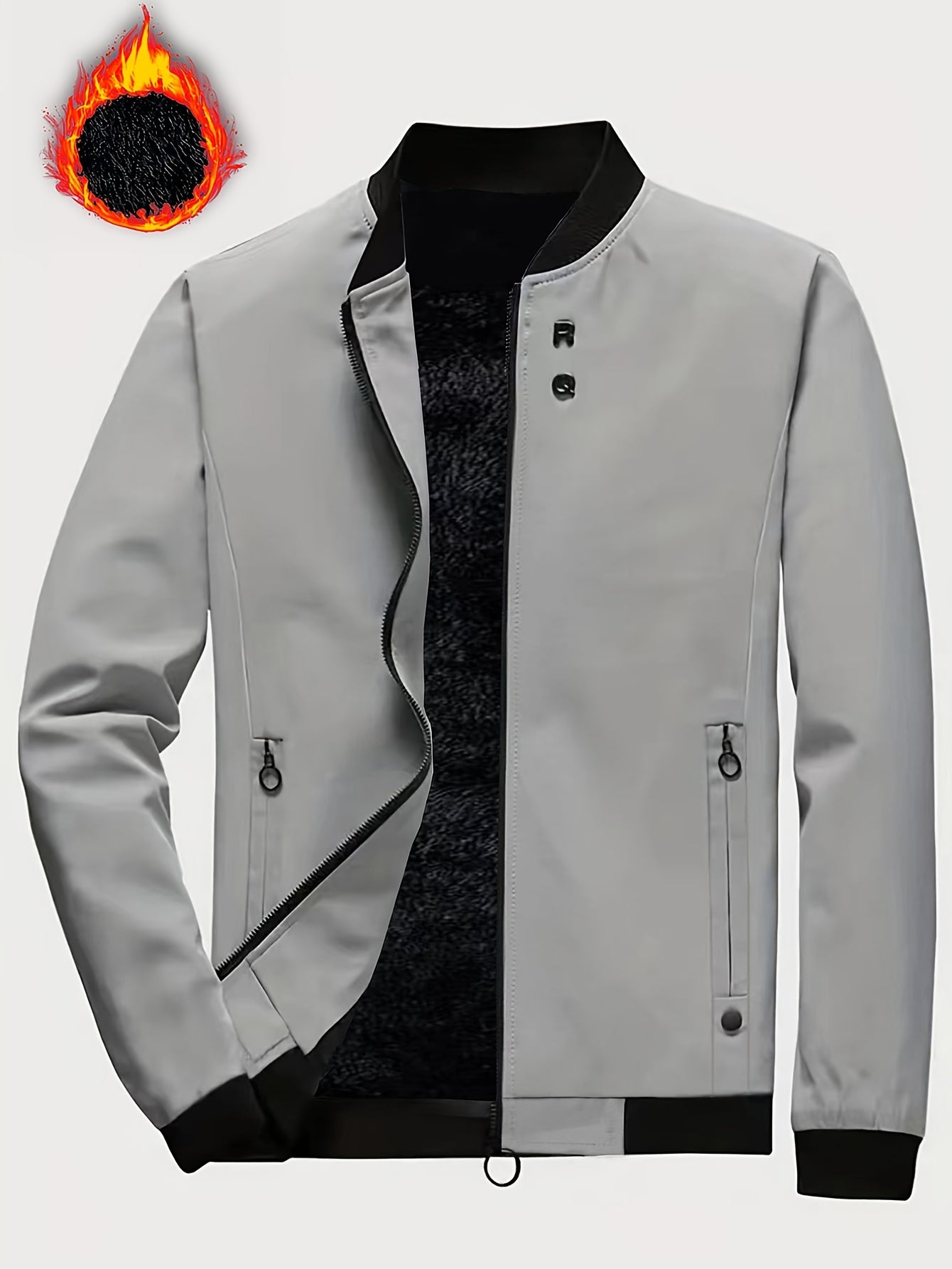 Solid Color Sherpa Lined Men's Stand Collar Jacket Casual Long Sleeve With Zipper Gym Sports Coat For Spring Fall