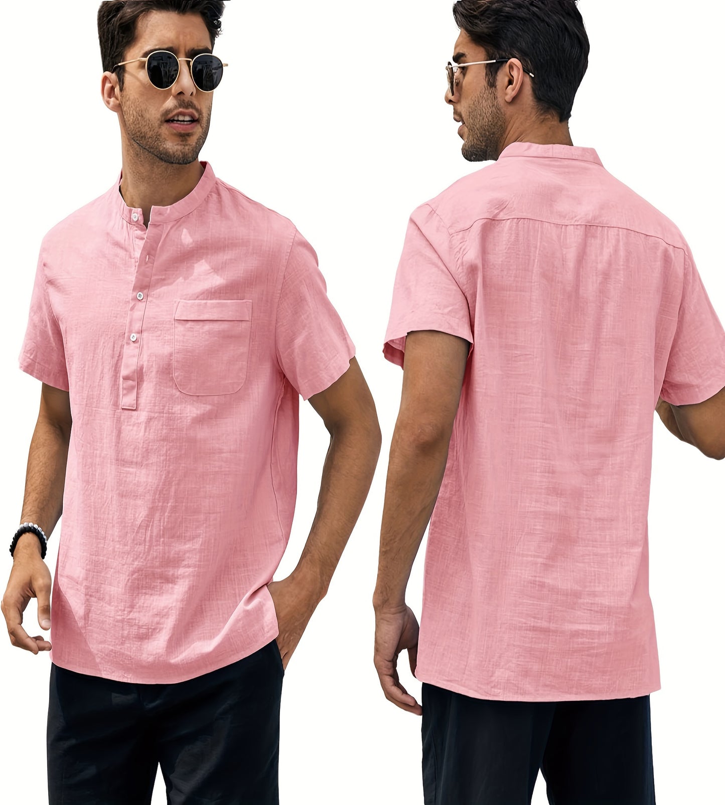 Men's Linen Henry Shirt, Loose Short-sleeve T-shirt For Summer Beach, Buttoned Lightweight Casual Top