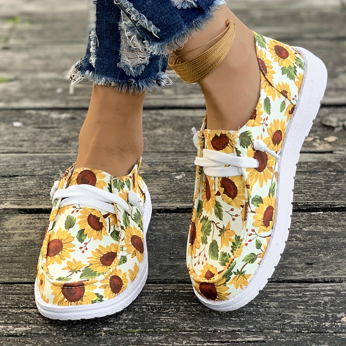 Women's Sunflowers Print Canvas Shoes, Casual Round Toe Low Top Flat Sneakers, Lightweight Walking Shoes