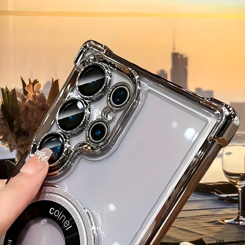 Electroplated Magnetic Stand Phone Case, Suitable For Samsung S24ultra Phone Case S24+ Four Corner S23ultra Lens Film Protection To Prevent Bump, Support Wireless Magnetic Fast Charging