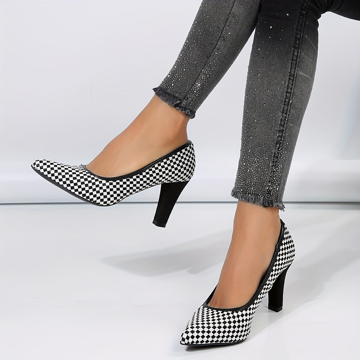 Women's Plaid Pattern Block Heels, Elegant Point Toe Dress Pumps, Fashion Slip On Heels