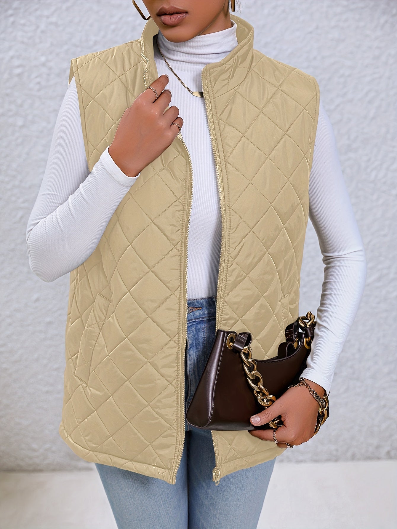 Argyle High Neck Sleeveless Vest, Casual Zip Up Versatile Outerwear, Women's Clothing