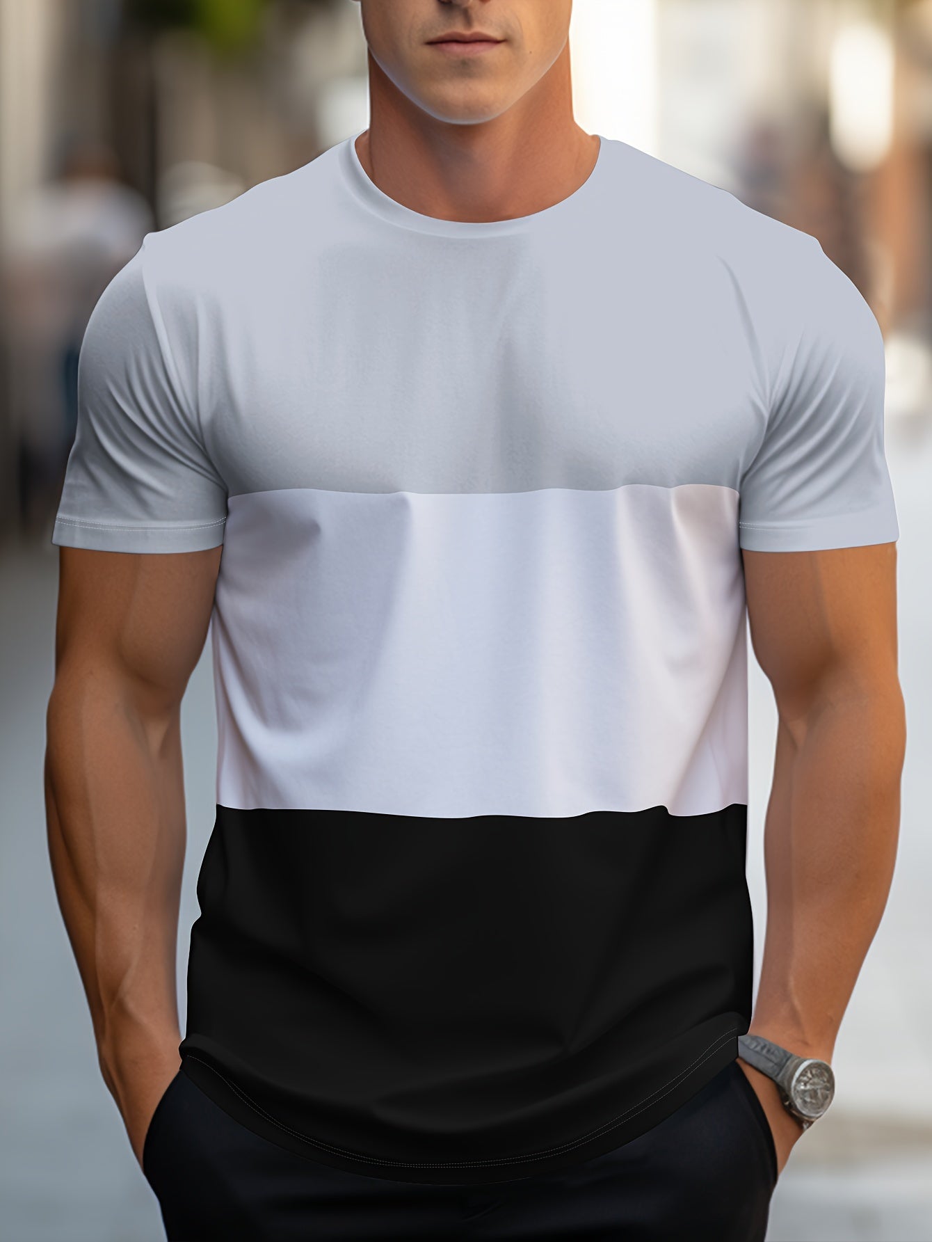 Men's Contrast Color Stripe Pattern Print T-shirt With Crew Neck And Short Sleeve, Casual And Comfy For Summer Leisurewear