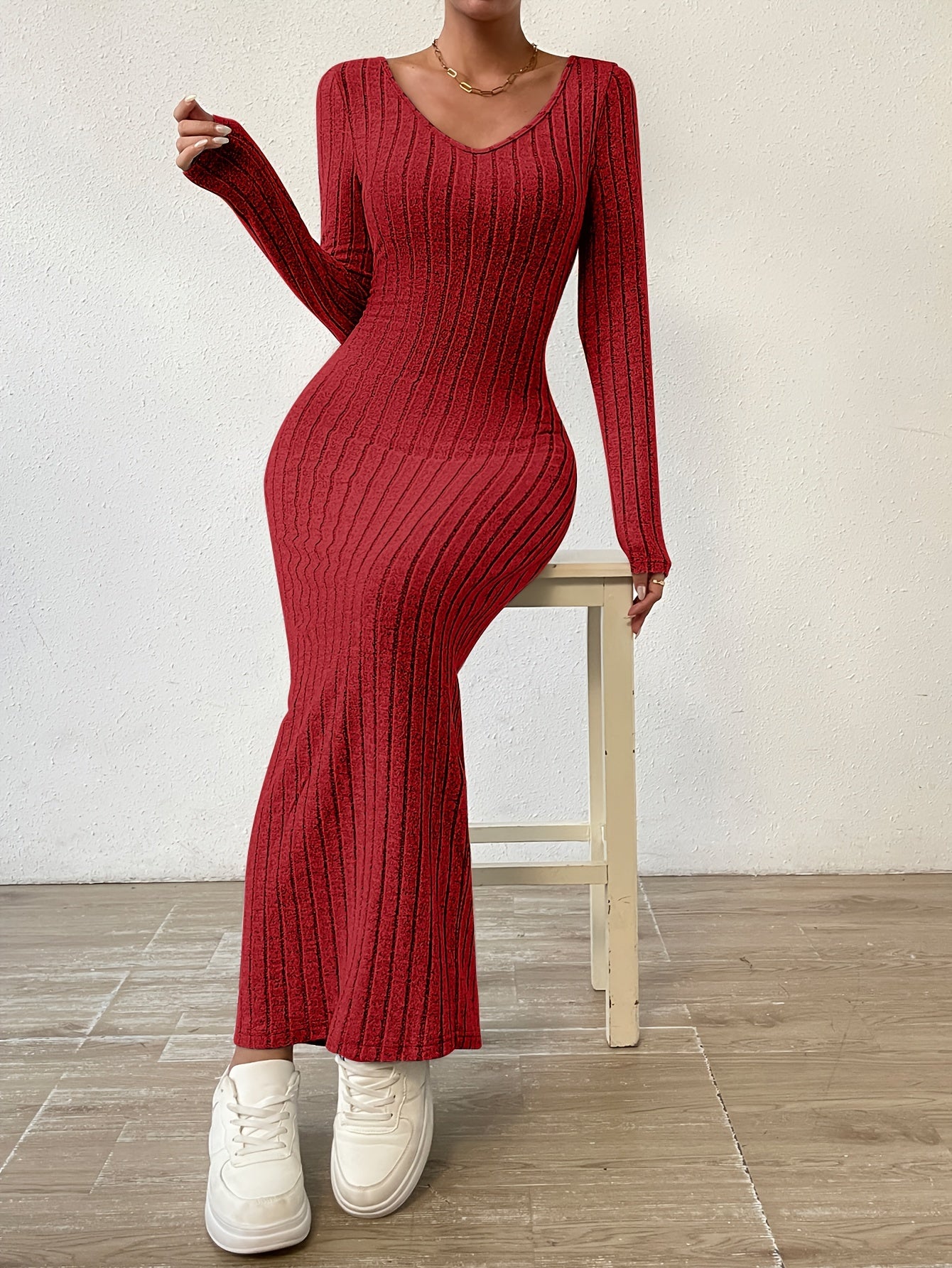 Ribbed Solid Dress, Casual Crew Neck Long Sleeve Maxi Dress, Women's Clothing