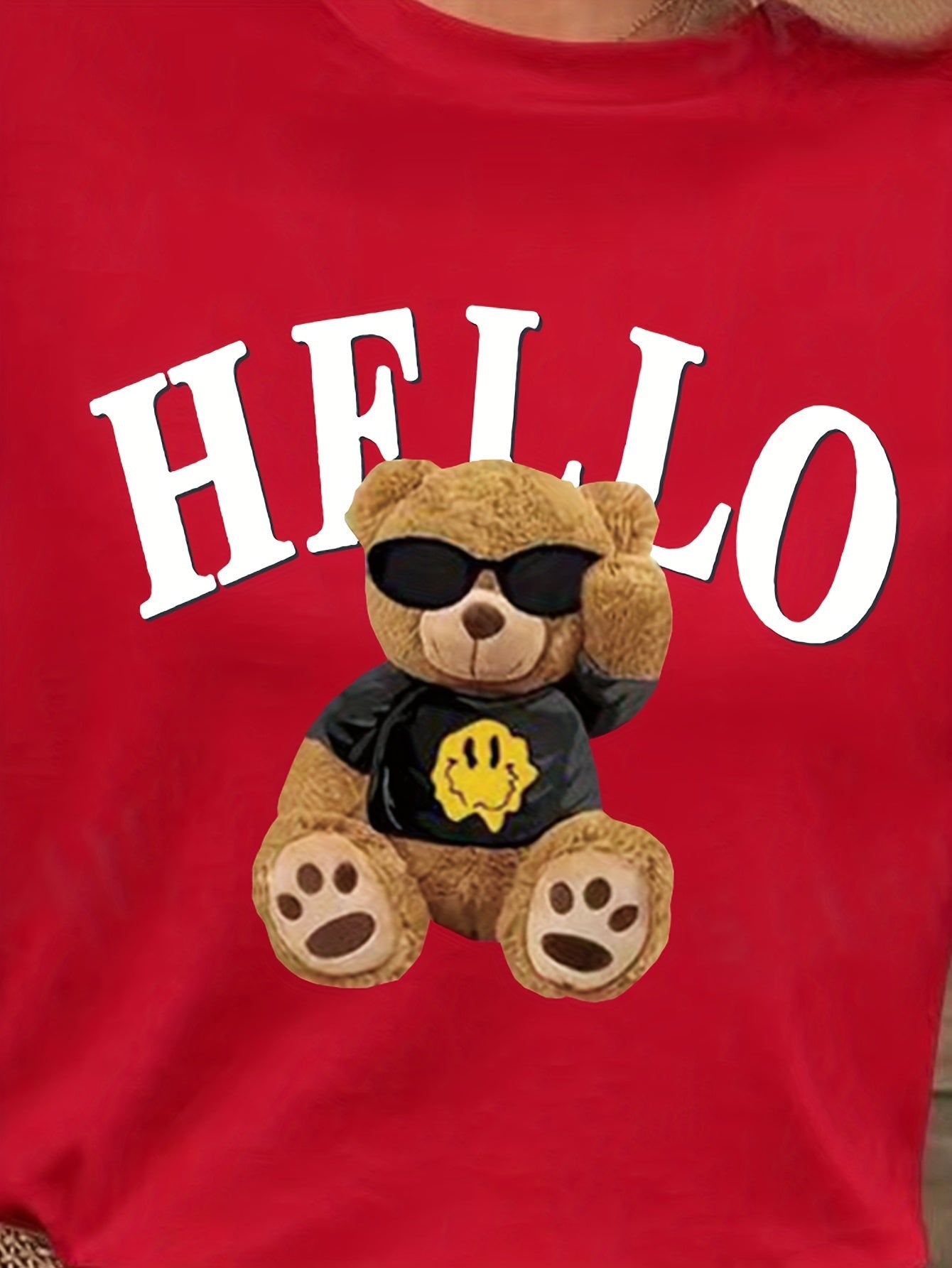 Bear & Hello Letter Print T-shirt, Short Sleeve Crew Neck Casual Top For Summer & Spring, Women's Clothing