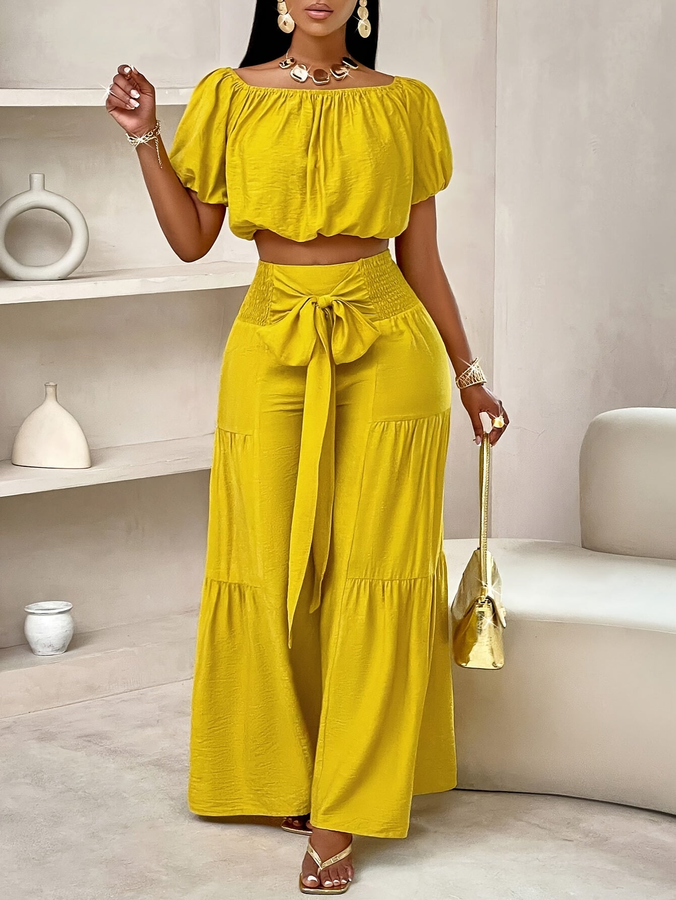 Solid Two-piece Pants Set, Vacation Style Off Shoulder Puff Sleeve Top & Loose Tie Shirred Waist Wide Leg Pants Outfits For Summer, Women's Clothing