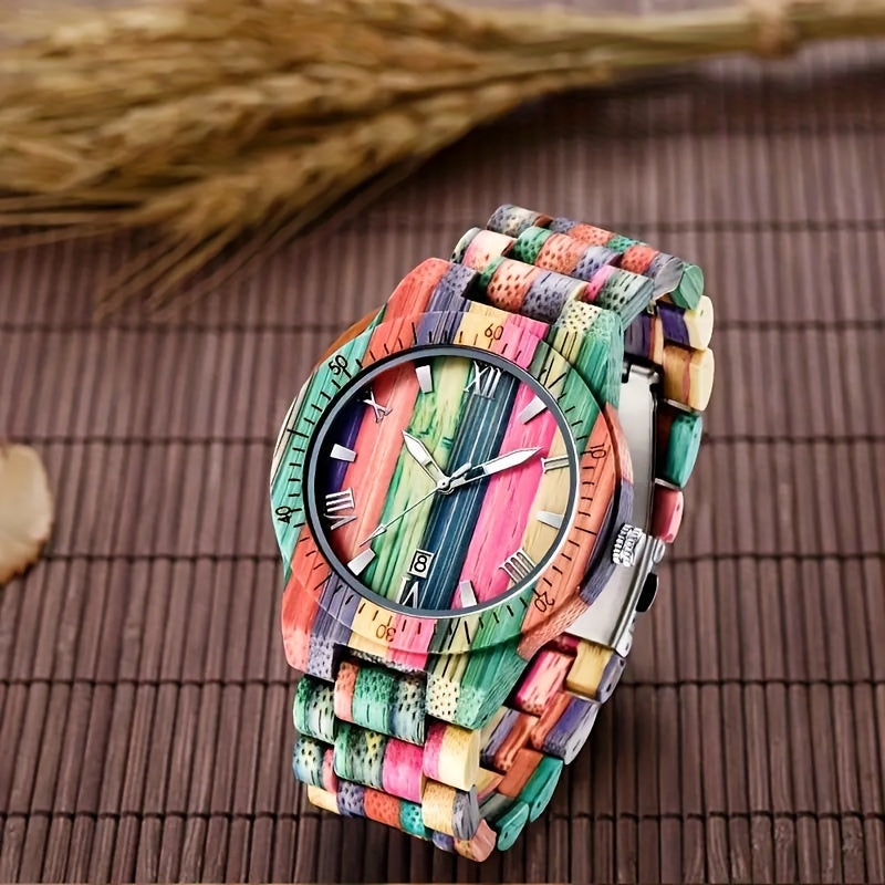 Handcrafted Multi-Colored Bamboo Wrist Watch for Men | Round Quartz Movement | Non-Waterproof with Date Feature | Unique Personalized Gift for Father or Son | Party Style with Luminous Hands and Folding Clasp