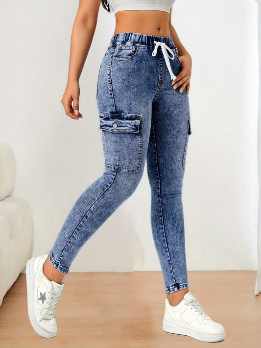 Women's High Stretch Skinny Jeans with Drawstring Waist and Pockets, Cotton Blend Denim, Solid Color Street Style for All Season - Long Length Casual Weekend Pants