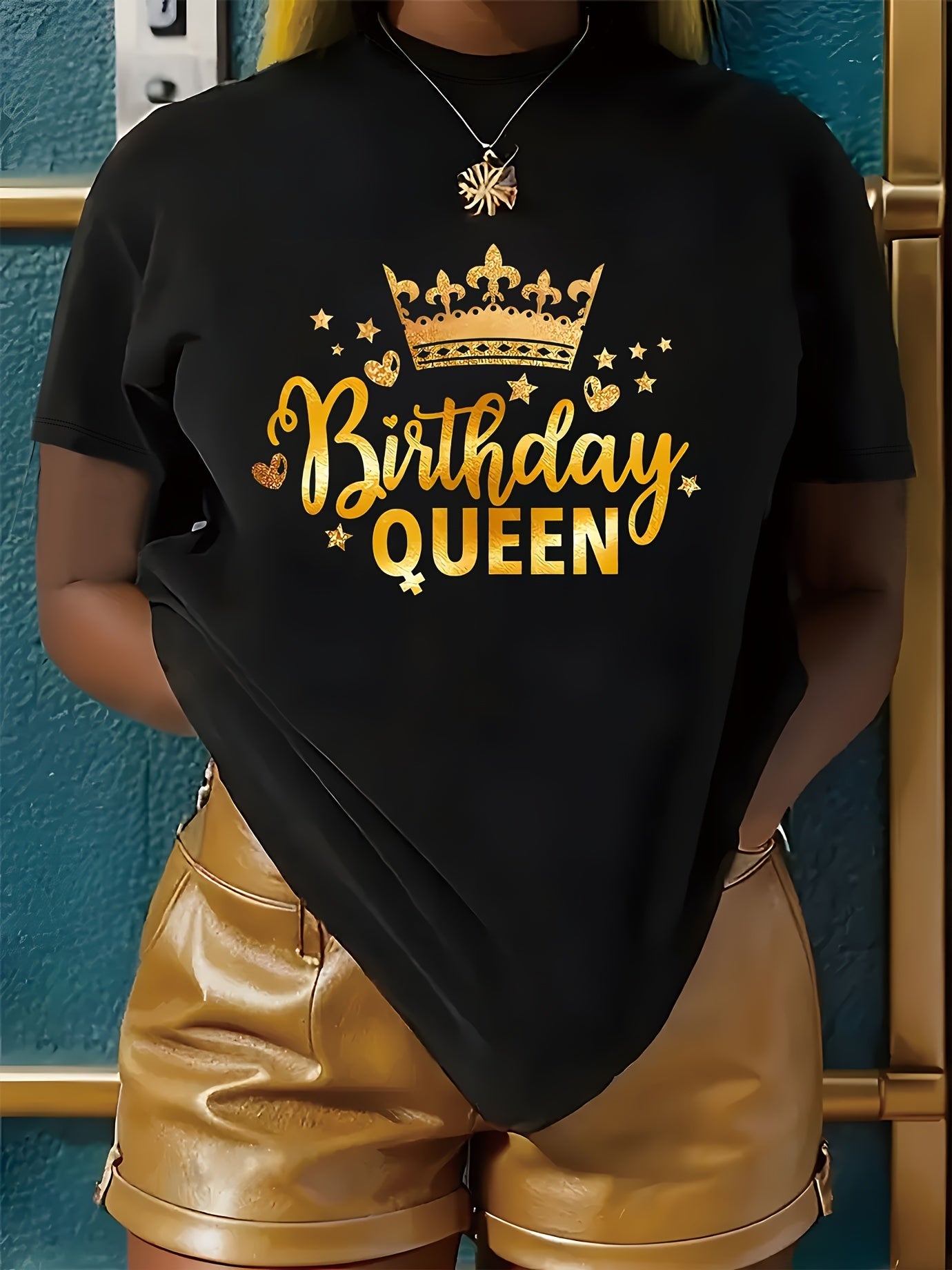 Birthday Queen Crown Graphic T-Shirt, 100% Polyester Casual Crew Neck Short Sleeve Tee, Knit Fabric Regular Length Top for Spring/Summer