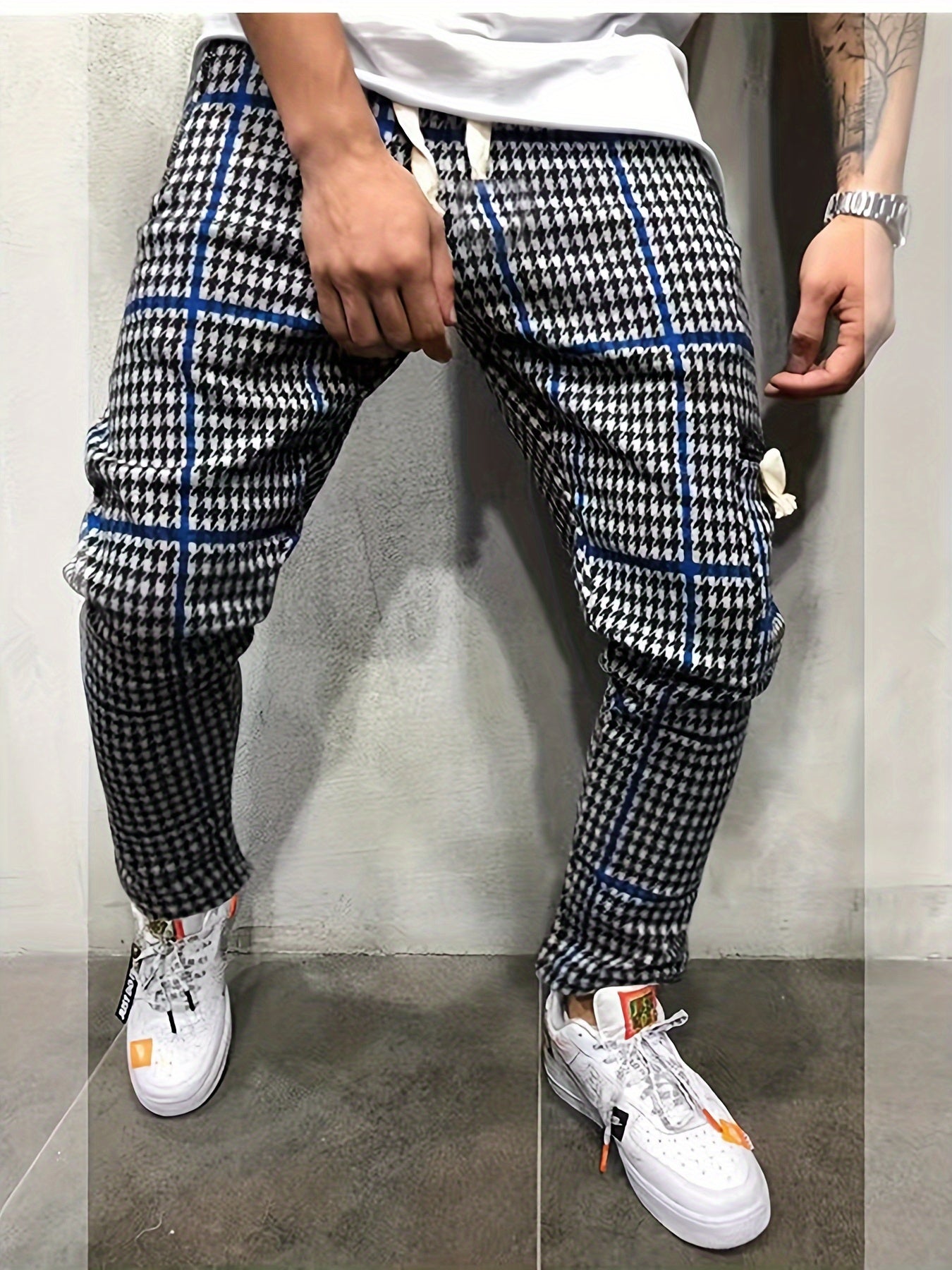 Men's Chic Style Houndstooth Print Cargo Pants, Casual Outdoor Multi-Pocket Pants For Street Wear, Spring And Fall