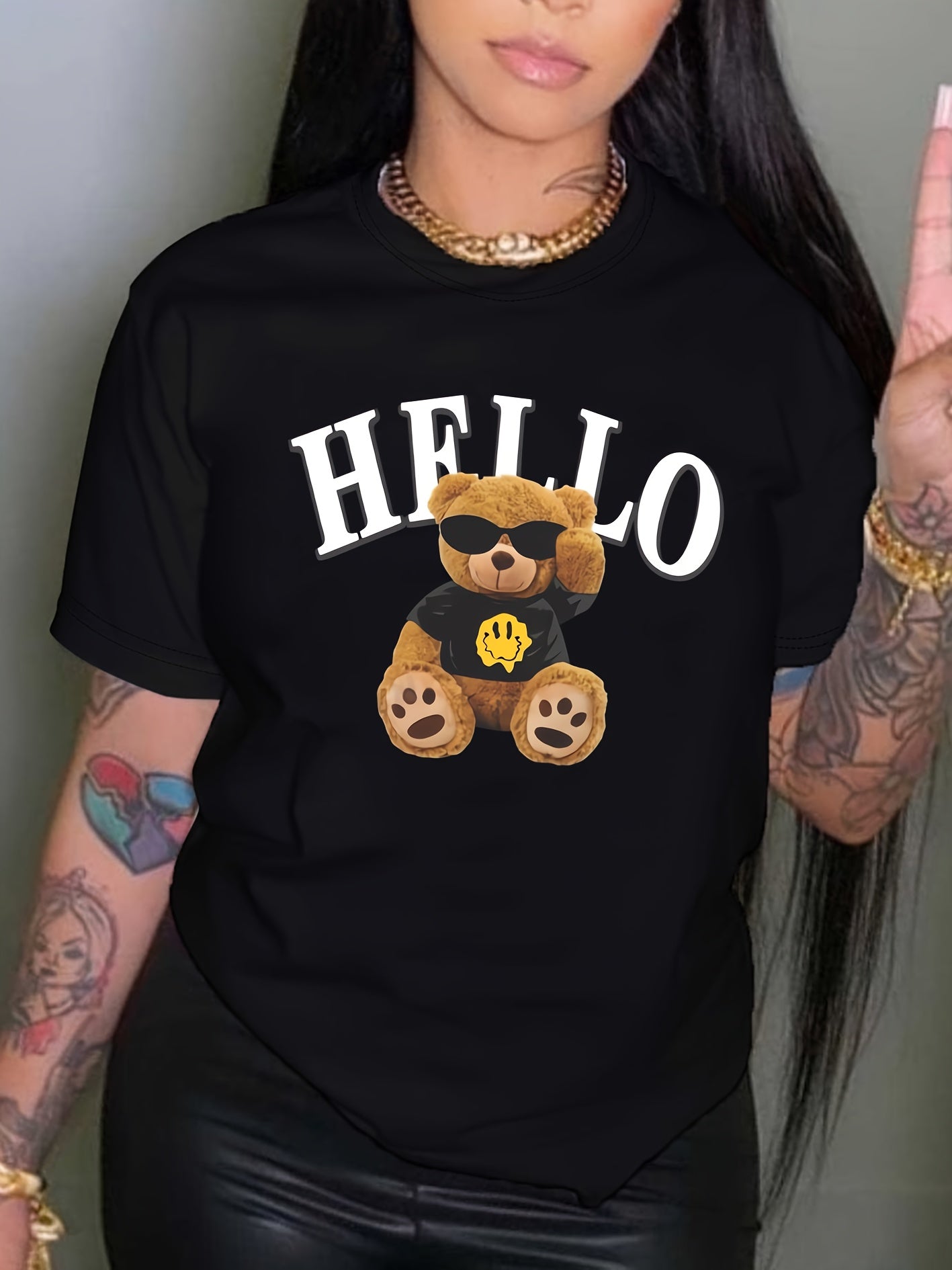 Casual Women's Short Sleeve T-Shirt With Cartoon Bear Print, Round Neck, Versatile Women's Top