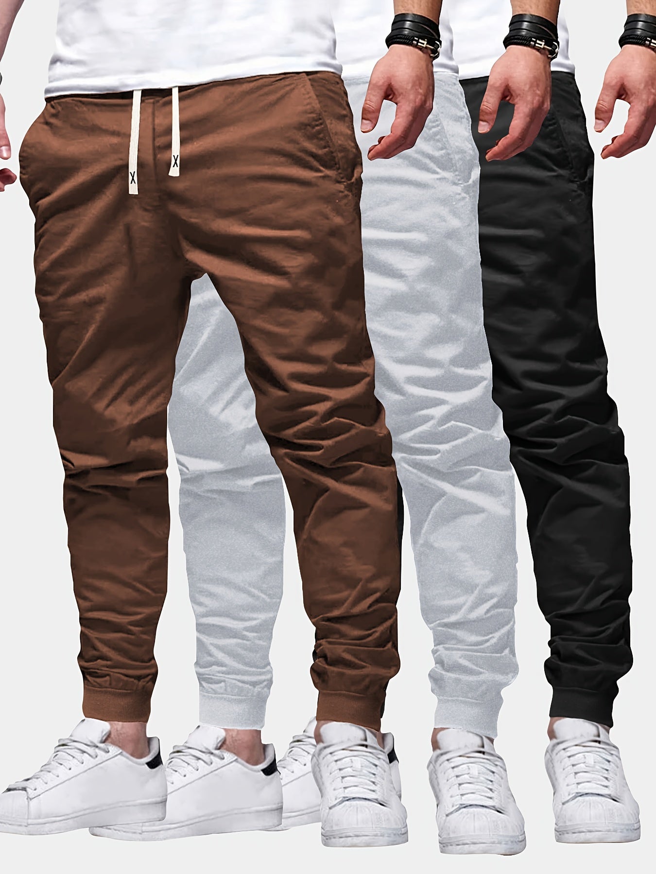 3pcs Solid Color Men's Regular Fit Jogger Sweatpants With Drawstring And Pockets, Chic And Trendy Trousers For Spring And Autumn Outdoors And Sports Wear