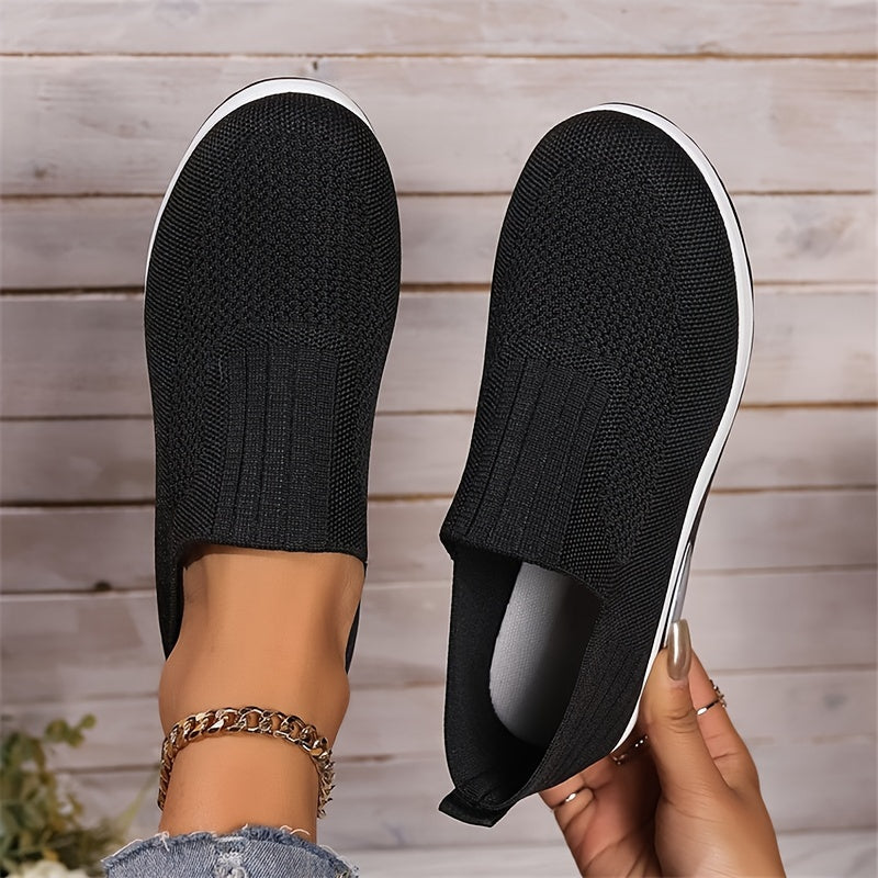 Women's Solid Color Knitted Sneakers, Platform Slip On Soft Sole Walking Shoes, Breathable Low-top Wedge Shoes fall