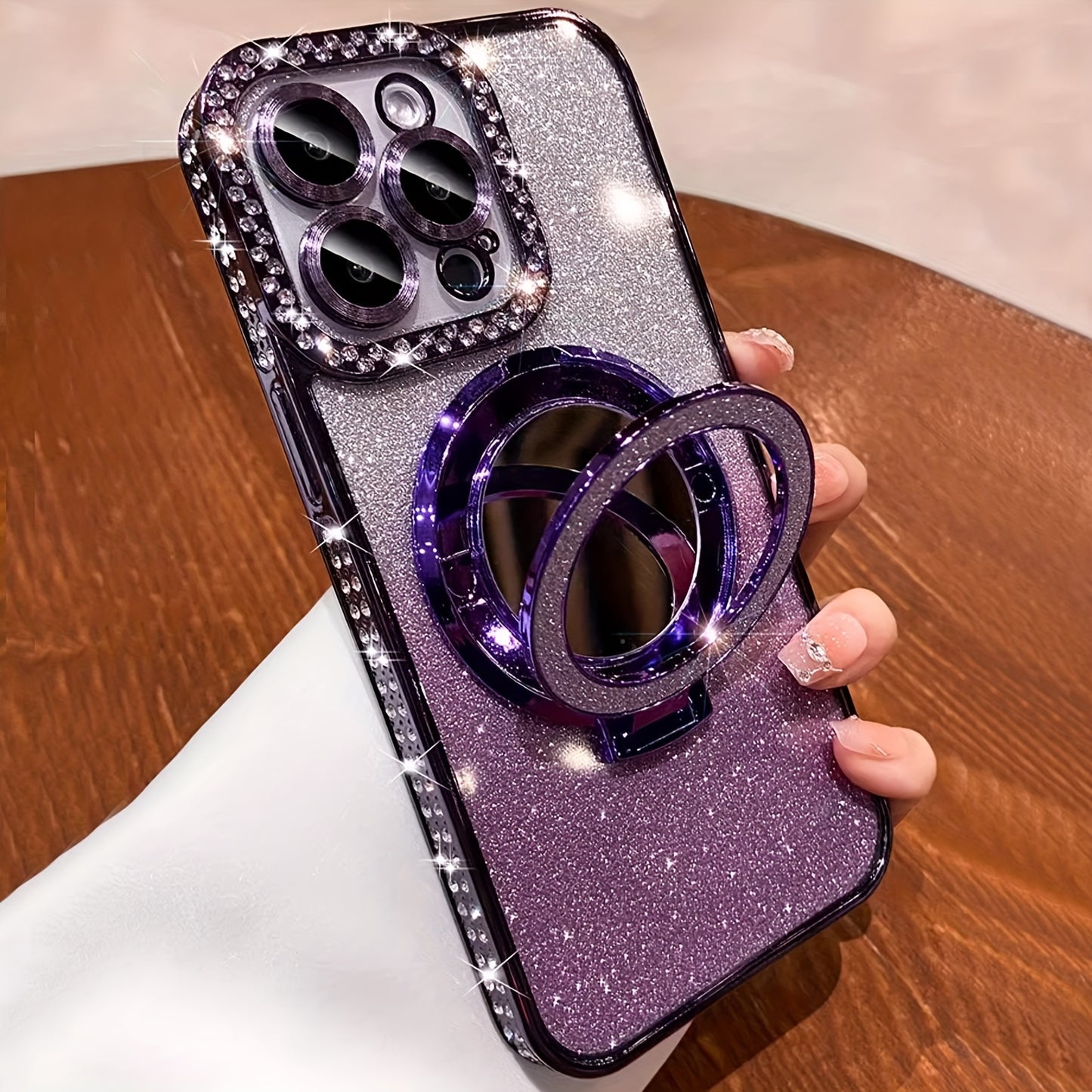 New Luxury High-Grade Glitter Double Row Diamond Mirror Magnetic Bracket All-Inclusive Lens Mobile Phone Case Suitable for Apple for Iphone 16 15 14 13 12 11 Pro Max / Niche Transparent Anti-Fall Soft Glue Protective Back Cov