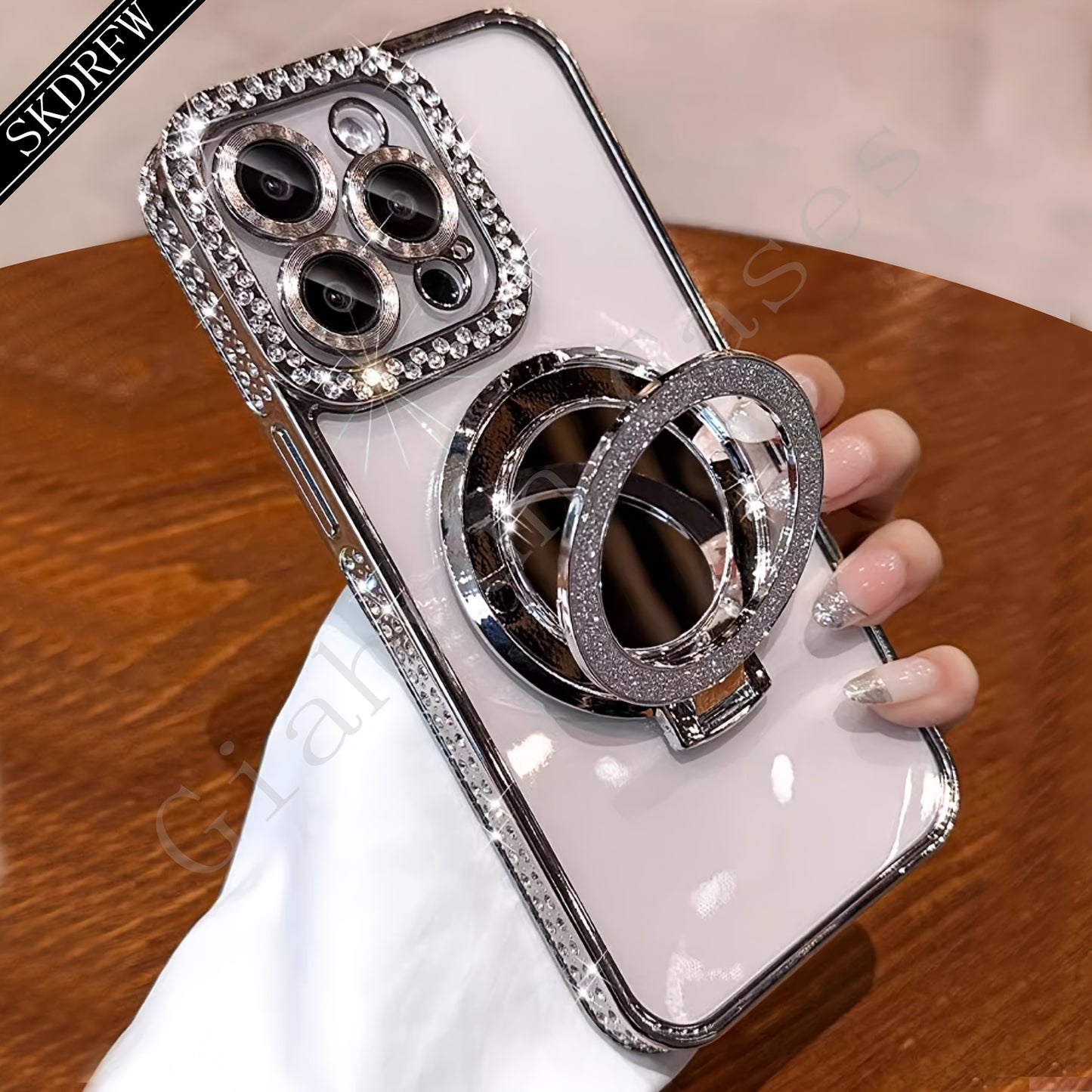 New Luxury High-Grade Glitter Double Row Diamond Mirror Magnetic Bracket All-Inclusive Lens Mobile Phone Case Suitable for Apple for Iphone 16 15 14 13 12 11 Pro Max / Niche Transparent Anti-Fall Soft Glue Protective Back Cov