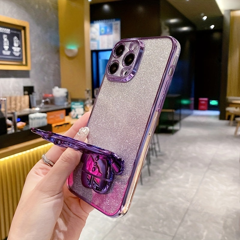 Glitter Case For HUAWEI Y7 Y9 Prime 2019 Y6p Y9s Cute Cartoon Rabbit Phone Case Luxury Laser Electroplated Mirror Holder Cover + Folding Stand