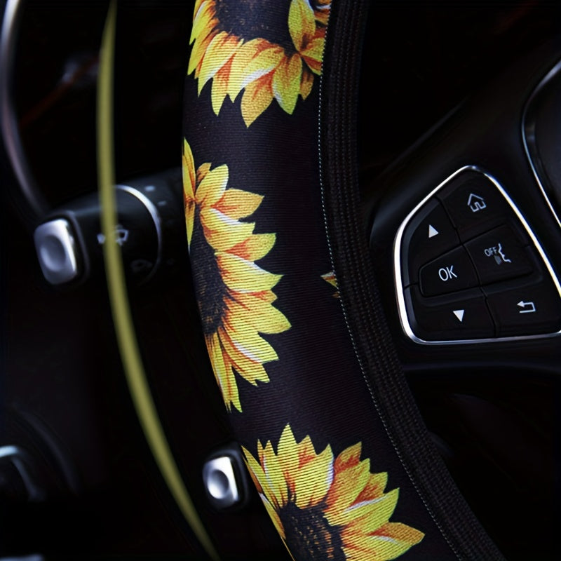 Creative Sunflower Flower Car Steering Wheel Cover, Four Seasons Universal Car Supplies Handlebar Cover, No Inner Ring Elastic Strap Handlebar Cover