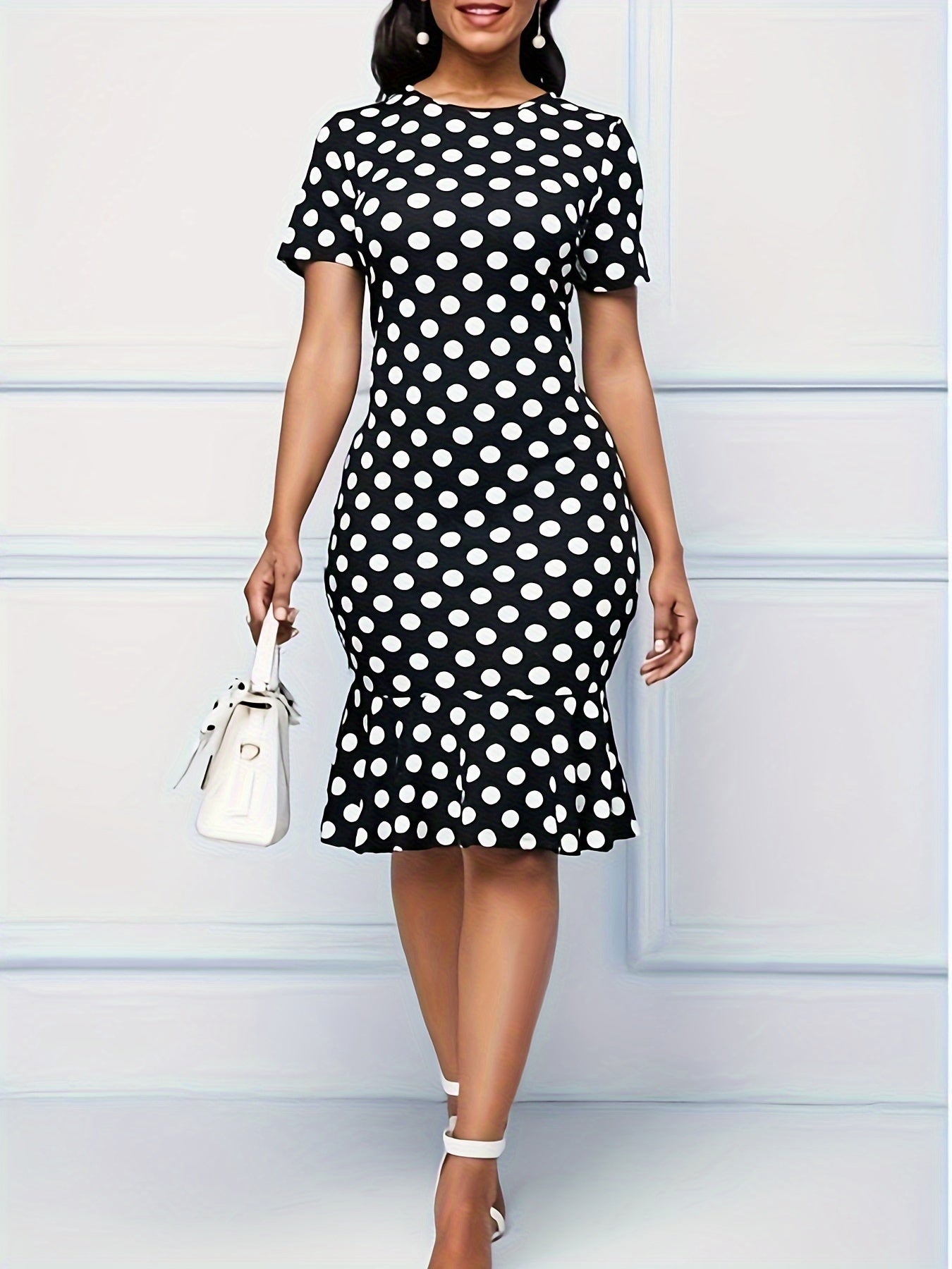 Polka Dot Crew Neck Dress, Elegant Ruffle Hem Bodycon Short Sleeve Dress For Spring & Summer, Women's Clothing