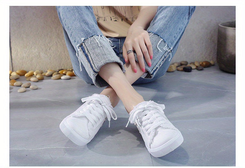 Women's Letter Patched Raw Trim Mules Sneakers, Lace Up Platform Canvas Shoes, Fashion Half Slippers