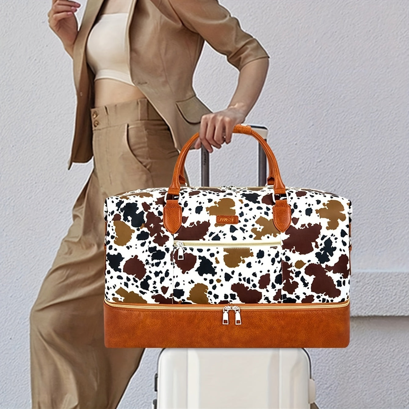 Elegant Oxford Cloth Weekender Bag for Women with Shoe Compartment - 1 PC Cow Pattern Travel Duffel Tote from Guangzhou