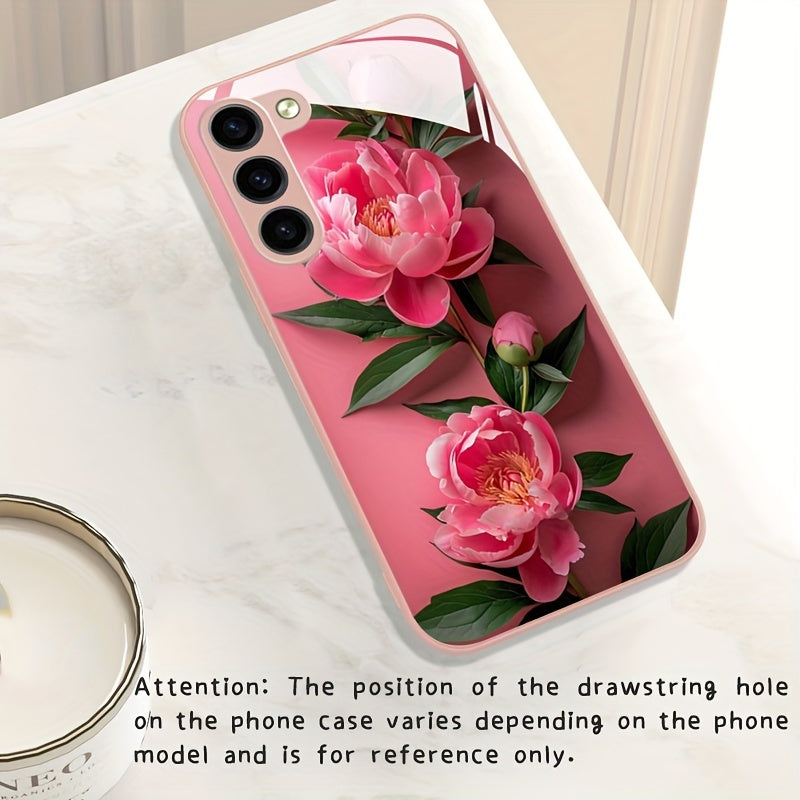 Pink Flower Glass Phone Case For SamSung For Galaxy Series - S24/S24 Plus/S24 Ultra, S23/S23 Plus/S23 Ultra, S22/S22 Plus/S22 Ultra, S21/S21 Plus/S21 Ultra/S21 FE, S20/S20 Plus/S20 Ultra, A03/A04, A13/A14/A22/A23/A25, A32/A33