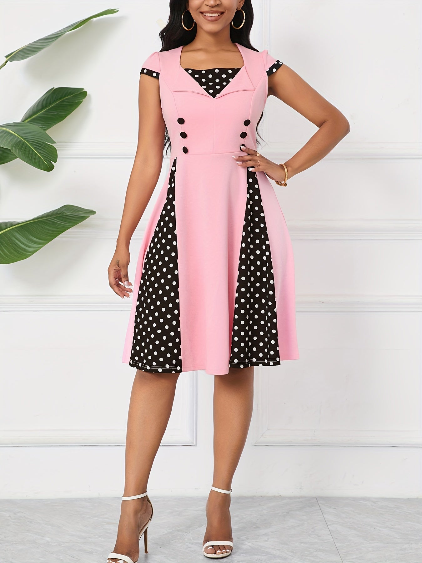 Polka-dot Print Color Block Aline Dress, Elegant Swing Button Decor Dress, Women's Clothing