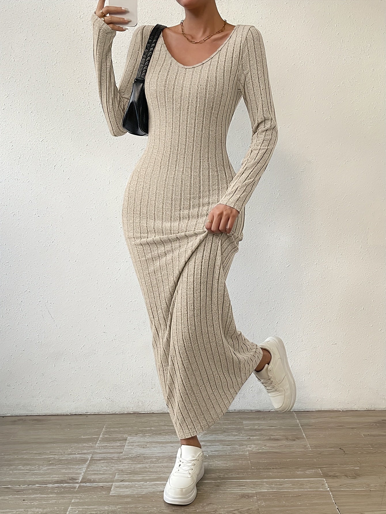 Ribbed Solid Dress, Casual Crew Neck Long Sleeve Maxi Dress, Women's Clothing