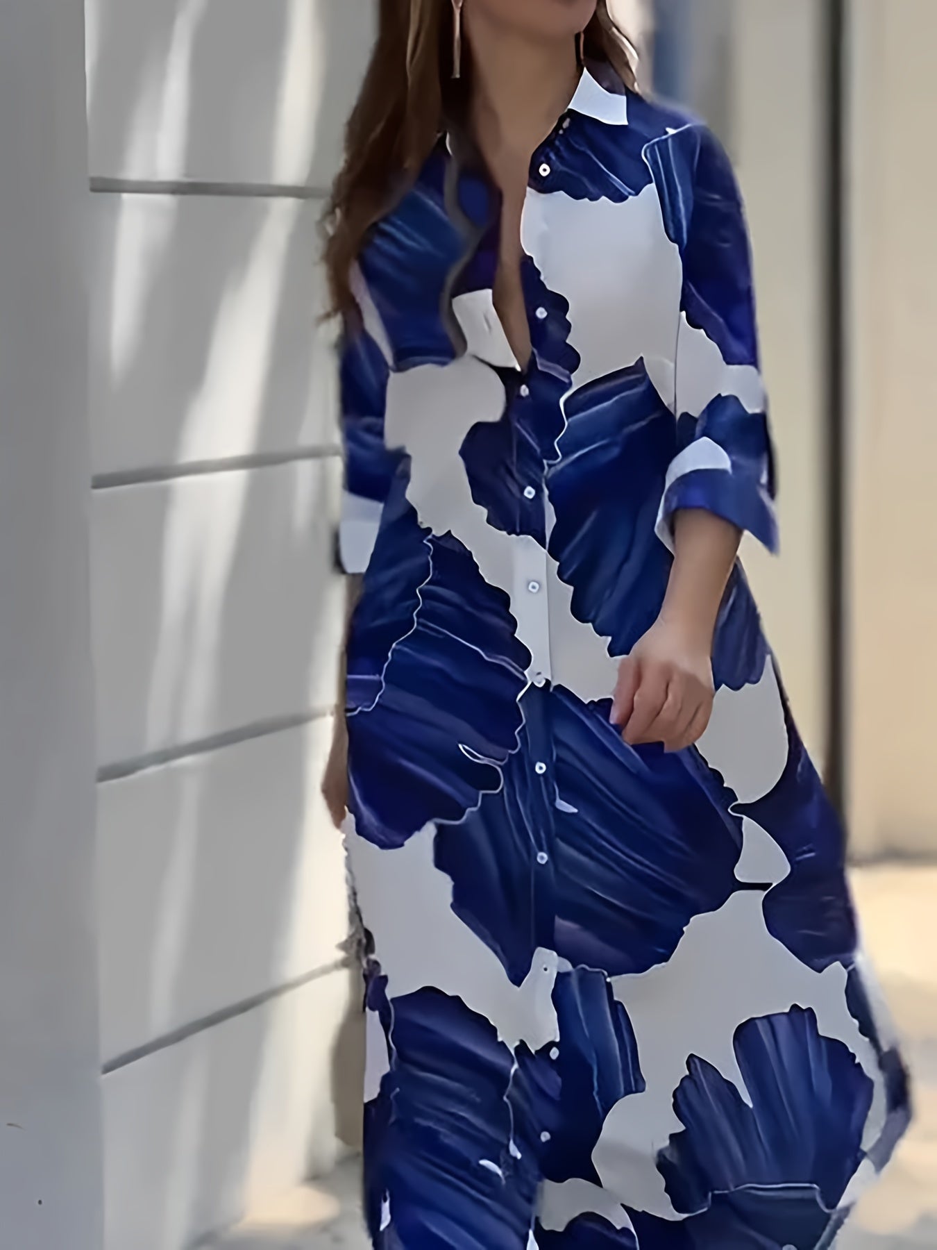 Abstract Print Button Front Shirt Dress, Elegant 3/4 Sleeve Maxi Dress For Spring & Fall, Women's Clothing