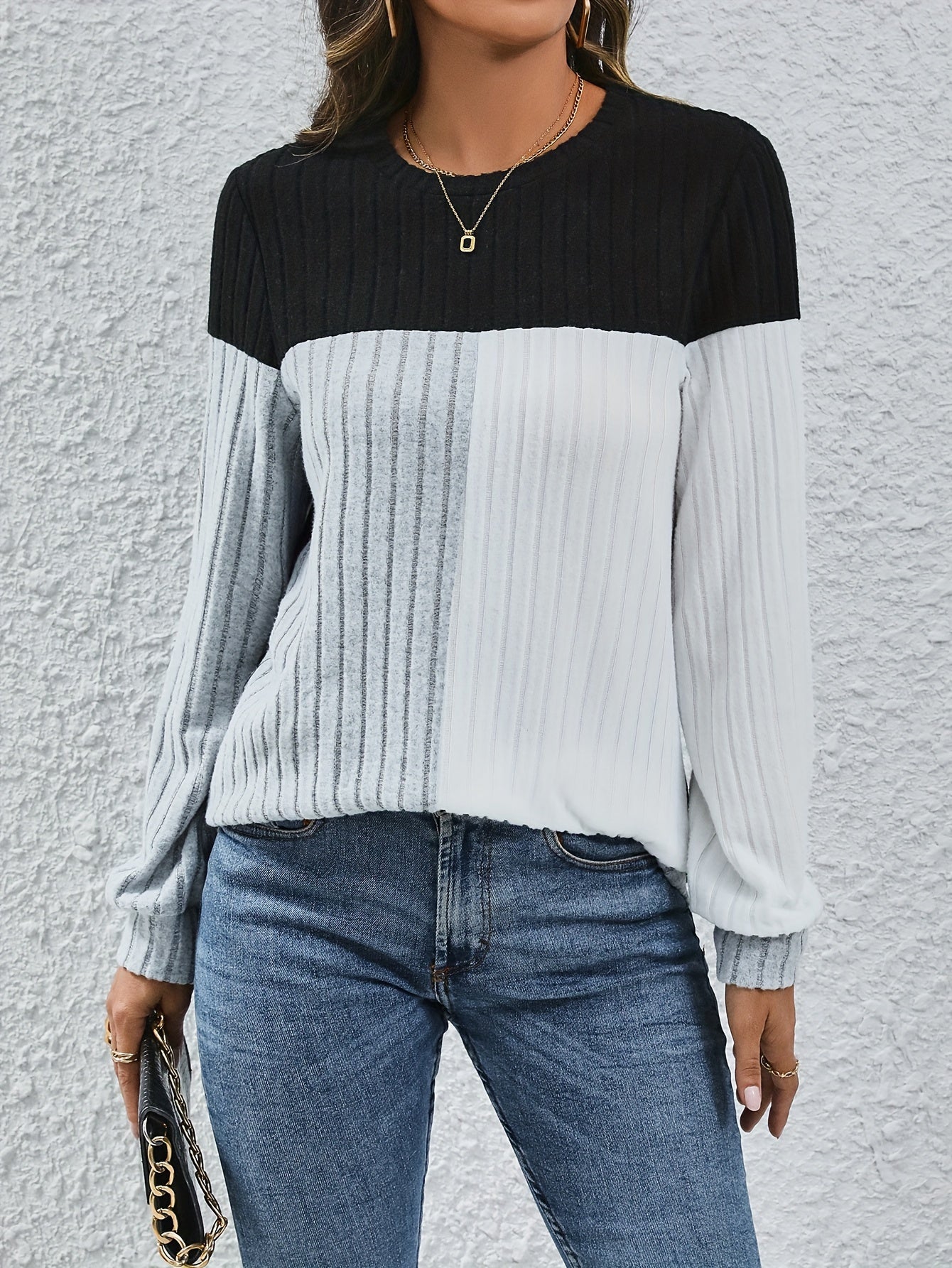 Ribbed Color Block T-Shirt, Casual Crew Neck Long Sleeve Top For Spring & Fall, Women's Clothing