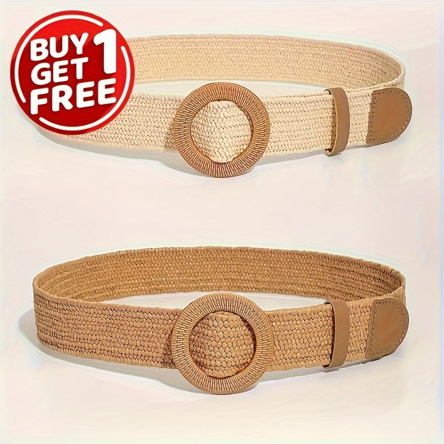 2pcs Boho Chic Brown Straw Wide Belts with Classic Round Buckle - Elegant Summer Beach Accessory for Women