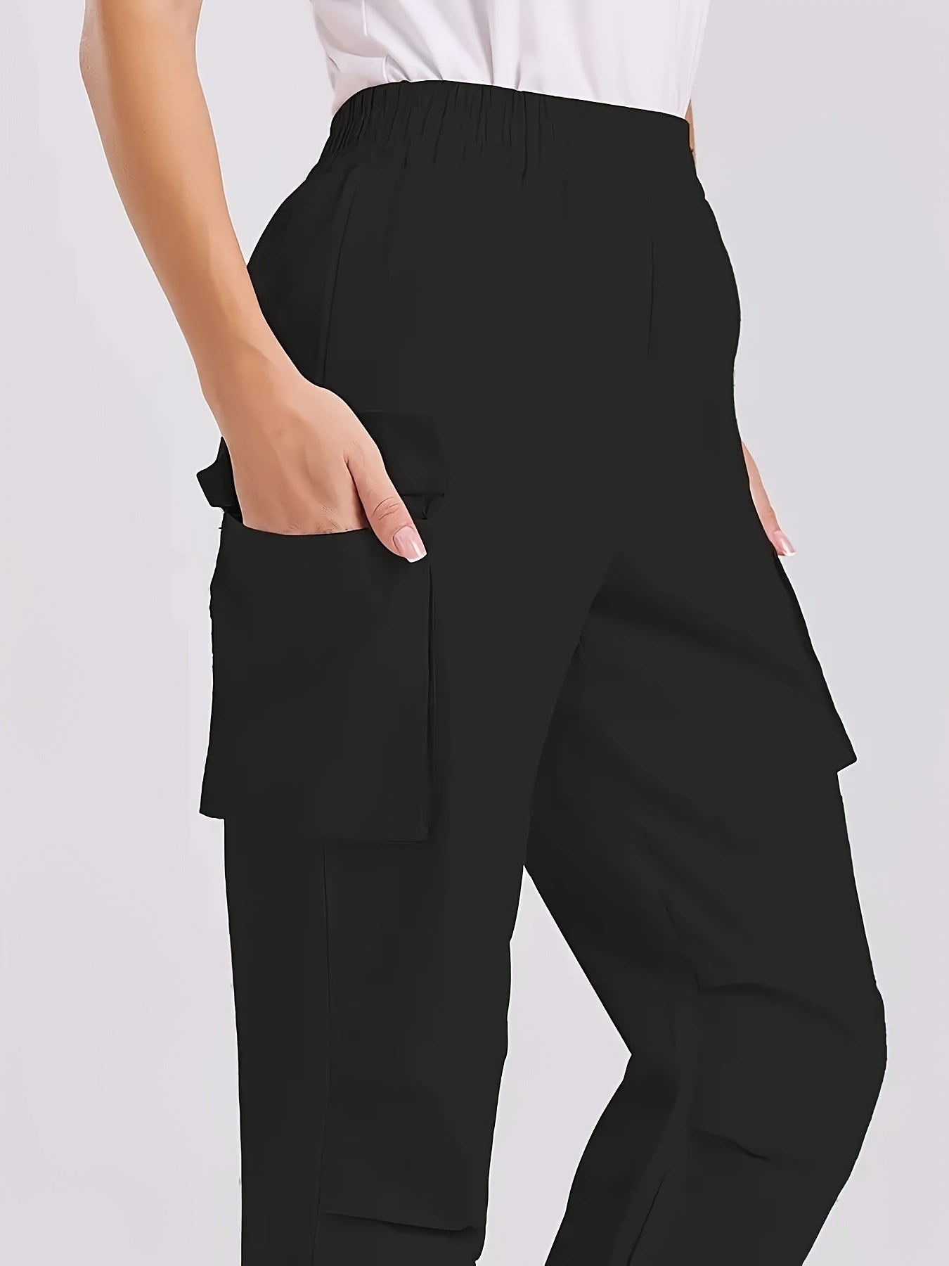 2 Pack Solid Pocket Loose Cargo Pants, Casual Elastic Waist Versatile Pants, Women's Clothing