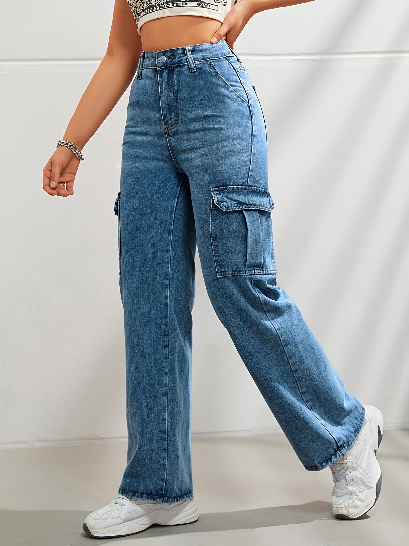 Women's Casual Wide Leg Denim Cargo Pants, Fashion Plain Jeans With Side Pockets, High Waist And Relaxed Fit For Fall